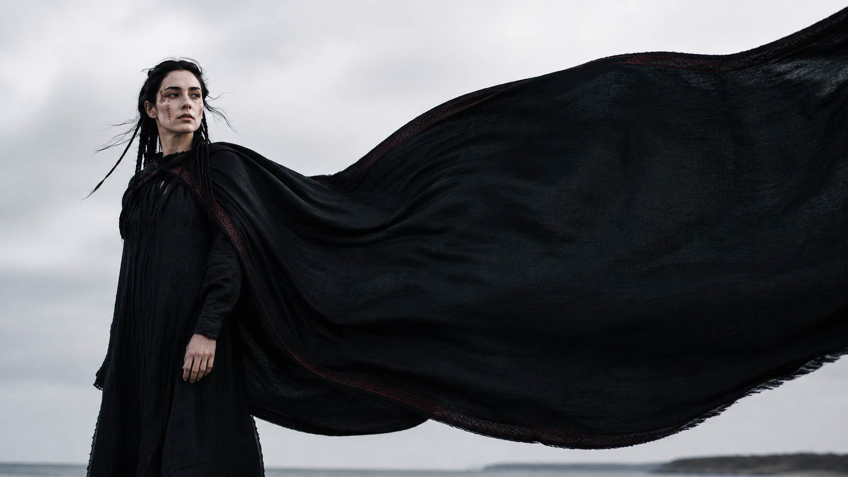 Woman in black with a windswept cloak